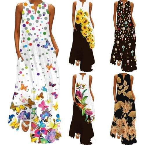 Fashion Print Summer Dress Casual Floral Sexy Boho Beach Vintage Dresses Women V-Neck Sleeveless Pocket Plus Size Long Dress