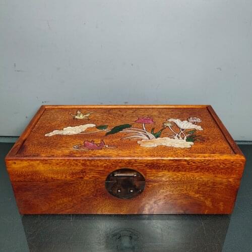 11"Chinese Folk Collection Old Rosewood mosaic Colorful shell Pavilions Child pattern Jewelry Box storage box Ornaments