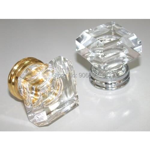 20PCS/LOT FREE SHIPPING 33MM CLEAR SQUARE CRYSTAL KNOBS ON A GOLD BRASS BASE