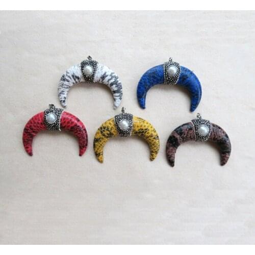 5PCS Natural Snakeskin Leather BIG Pendant,Pave Rhinestone Crystal pearl Caps Charms,gem Jewelry necklace making supplies P82