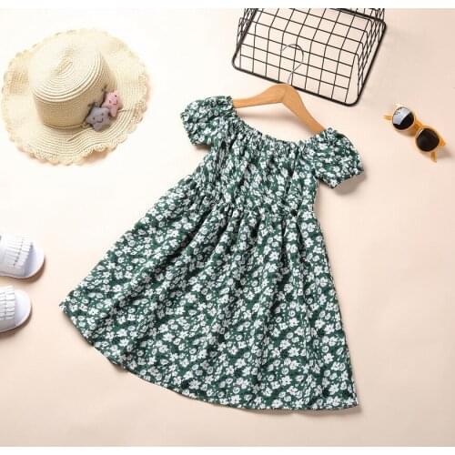 Toddler Loose One Pcs Baby Girl Dress Floral Midi Short Sleeve High Waist Flared Princess Pleated A-Lined Skirts Green 3-4 Years
