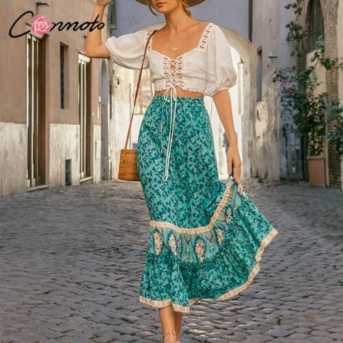 Conmoto Holiday peacock blue floral print a-line long skirt summer Roman style sash skirt lady Ethic women bottoms vestidos 2021