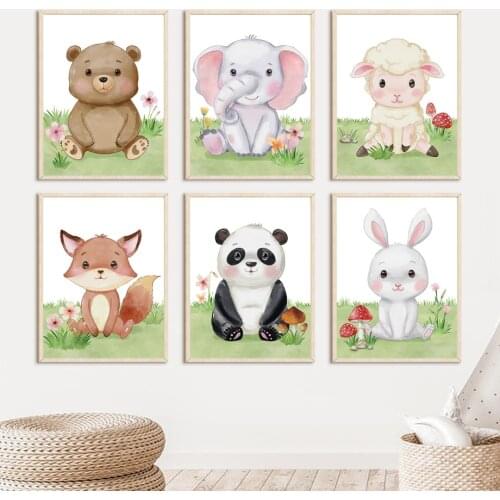 Kawaii Bear Elephant Sheep Fox Panda Bunny Baby Wall Art Canvas Painting Nordic Posters And Prints Wall Pictures Kids Room Decor