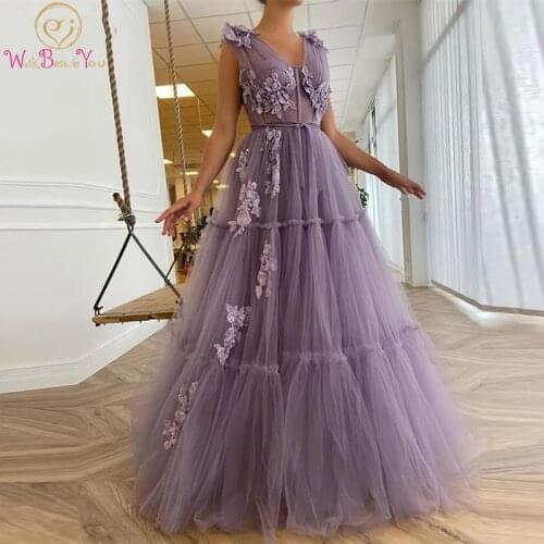 Long Purple Prom Dresses 2021 Tulle Lace Applique V Neck Sleeveless A Line Floor Length Evening Formal Gowns Party Custom made