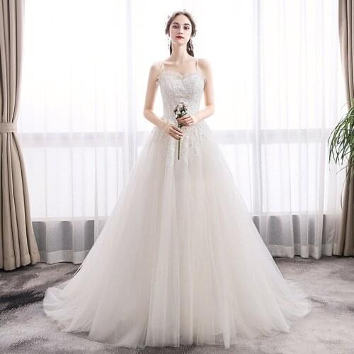 Vestido De Noiva 2020 Gryffon Classic Lace Wedding Dress With Court Train Ball Gown Spaghetti Straps Princess Luxury Gown Custom