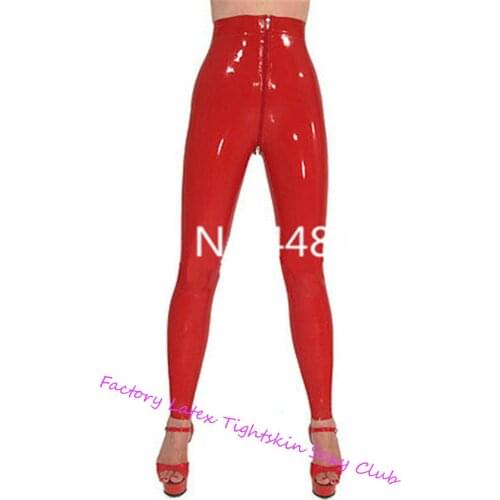 Latex Rubber Red leggings Rubber Latex Stockings Style Leggings Crotch Zipper latex pants for women