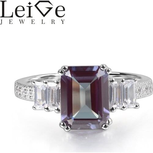Leige Jewelry Alexandrite Ring Emerald Cut Prong Setting 925 Sterling Silver for Women Wedding Engagement Ring June Birthstone