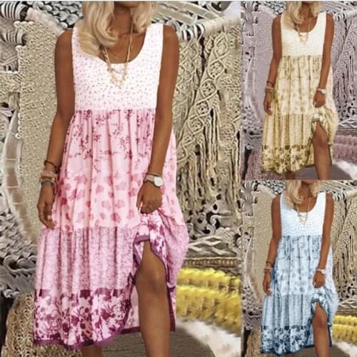Summer Dress Women Robe Femme Ruffles Patchwork O-Neck Sleeveless Flower Print Casual Loose Y2K Dress For Woman Vestido De Mujer