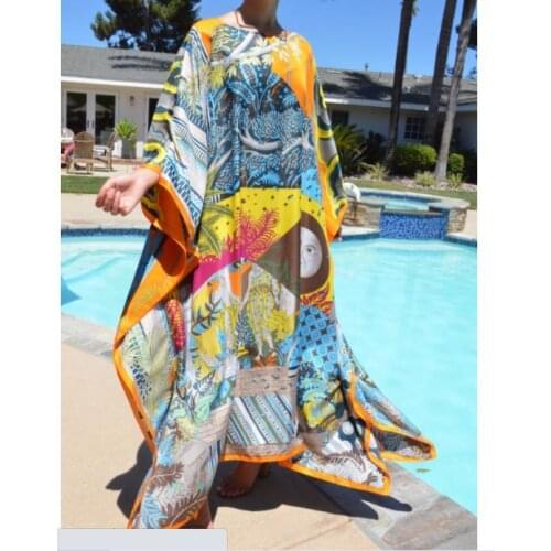 Мусульманская мода 2020 Printed Silk Bohemian beach maxi dresses Dashiki Loose batwing Kaftan silk long dress for sexy lady