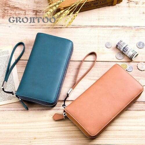 GROJITOO Organ wallet long mens multi-card genuine leather large capacity card bag new handbag womens zipper mobile phone bag