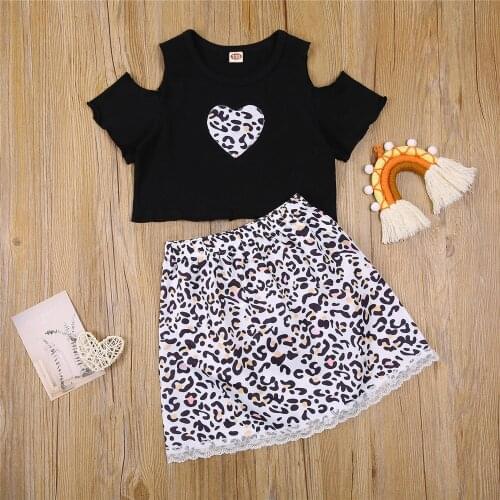 2-7T Summer Baby Girl Two Piece Clothing Sets Heart Leopard Print Off-Shoulder Short Sleeve T-Shirt + Leopard Mini Skirt