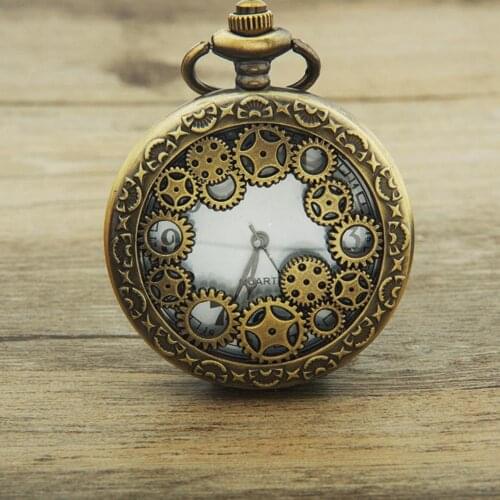 Women Men Retro Pocket Watch Necklace Unisex Casual Hollow Gear Antique Pendant Numbers Quartz Analog Gift