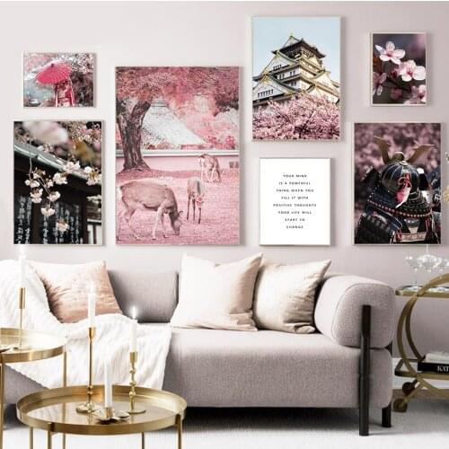 Pink Japanese Clothes Woman Wall Art Cherry Deer Posters and Prints Landscape Canvas Painting Pictures for Living Room Decor