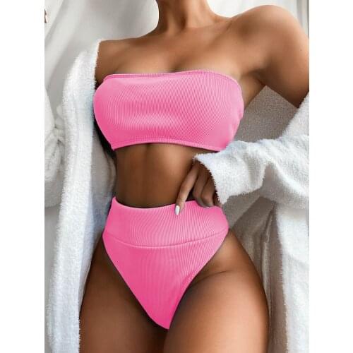 Sexy Solid Purple Bikini Off Shoulder Push Up Padded Two Piece Swimsuit Bathers Bathing Suit High Waist Swimwear Biquini 2021