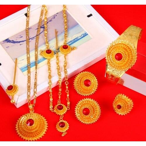 Ethiopian Gold Hair Piece Pendant Chain Earings Ring Hair Pin Bracelet Eritrea Africa Habesha Wedding Jewelry Set
