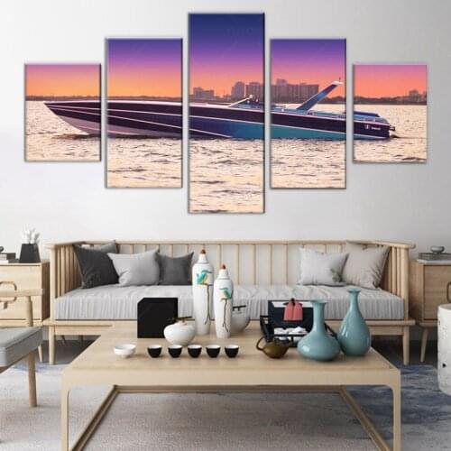 Modern Pictures Canvas Oil Poster Hd Printed Wall Art 5 Pieces Home Decor Sunset Yacht Ship Boat Seascape Painting Framed