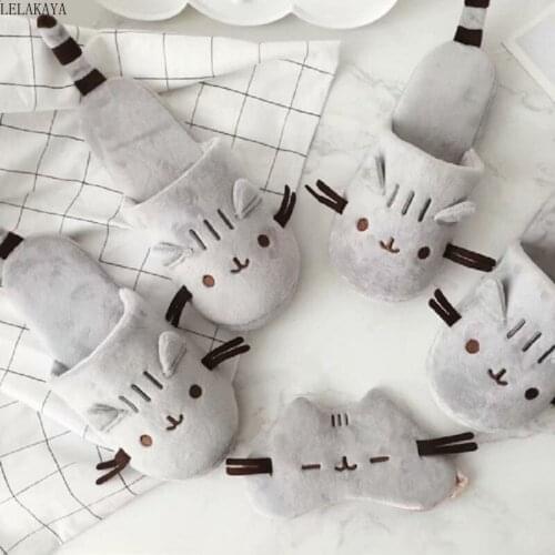 Cartoon Animals Plush Slippers Blindfold Creative Soft Stuffed Gray Cat Winter Keep Warm Indoor Soft Non Slip Shoes Couple Gift