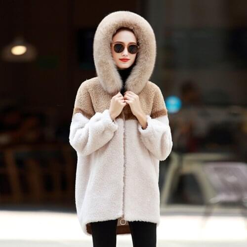 Shearling Sheep Real Fur Coat Female Fox Fur Collar Real Woo Coats Winter Jacket Women Suede Lining Korean Outwear MY s