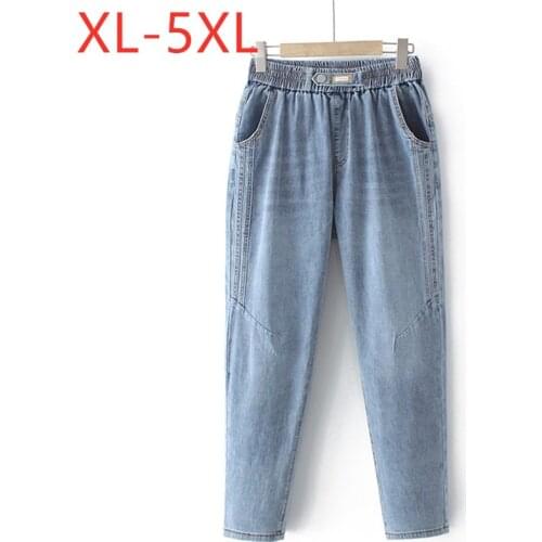 New 2021 Ladies Autumn Winter Plus Size Harlan Jeans For Women Large Slim Elastic Blue Pocket Denim Trousers 2XL 3XL 4XL 5XL