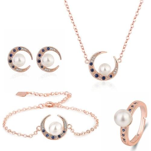 Women Rhinestone Faux Pearl Moon Pendant Necklace Bracelet Ring Earrings Jewelry Valentines Day бижутерия на руку женская