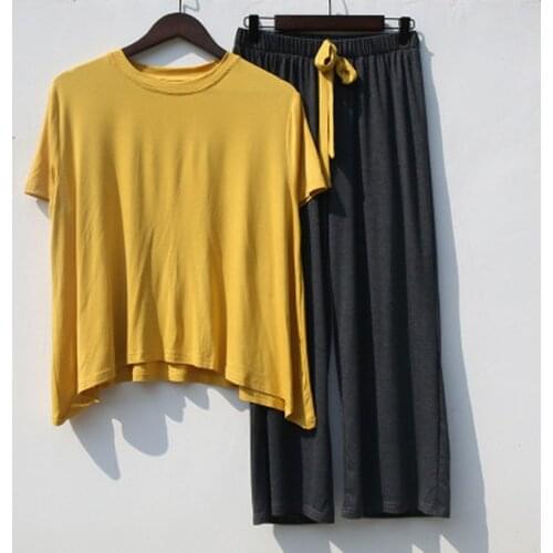 Women Patchwork Pajamas Suit Female Home Clothes Short Sleeve Two-piece Set Casual Loose Modal Cotton Pajamas Women Pijama Mujer