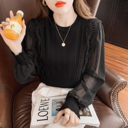 Sweater Women Knitted Pullover 2021 Autumn Chiffon Long Sleeve Crochet Lace Patchwork Knitwear Jumper Pull Femme Elegant Tops