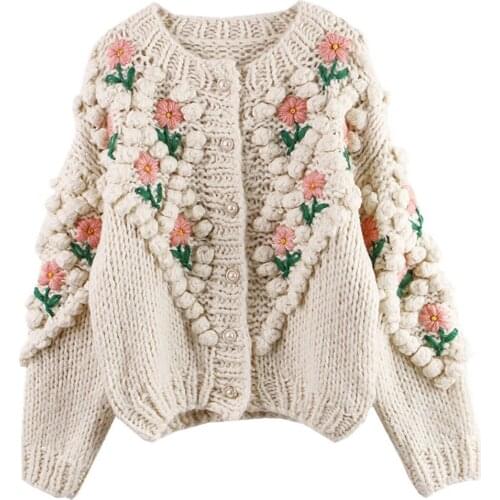 Wool Blend Fall Winter Womens Handmade Crochet Sweater Cardigan Crew Neck Single Breasted Coat
