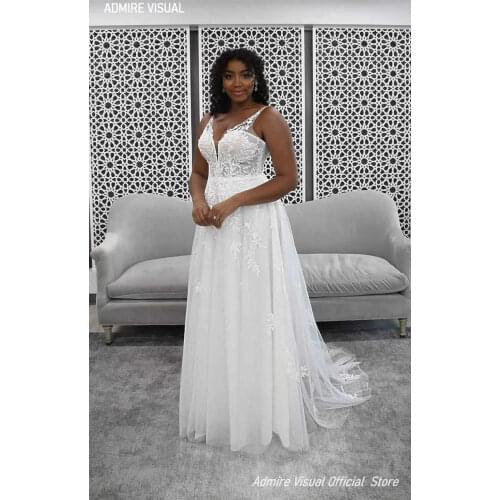 Newest Wedding Dress A-Line Lace Deep V-Neck Neckline Long Open-Back Sleeveless Plus Sizes Bride Gown 2021 Vestidos De Novia