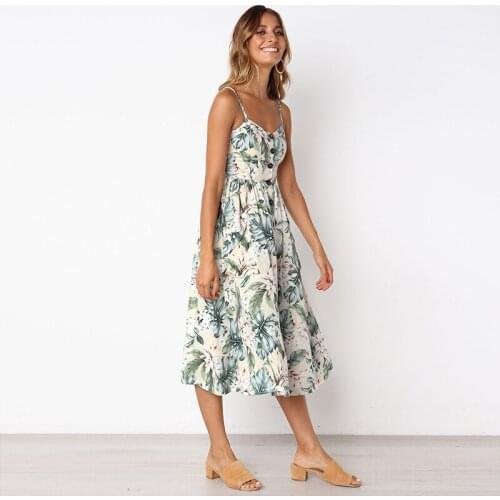 2021 Women Print Vintage Casual Beach Midi Dress Summer Button Backless Polka Dot Striped Dress Boho Sexy Floral Sundress Female