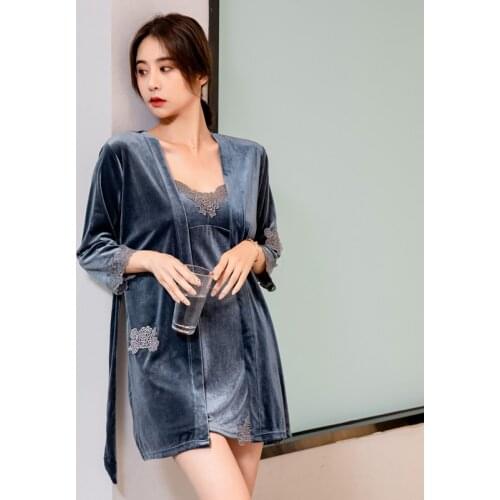 Sexy 2pcs Velvet Nighty&Robe Sets Spring Womens Velour Lace Bathrobe Sleep Suit Chest Pads Intimate Lingerie Home Wear Dress