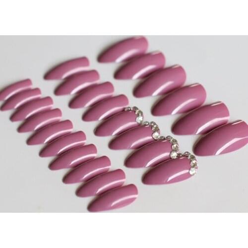 24pcs Fashion full diamond crystal diamond stiletto high candy color fake nails dark purple W69