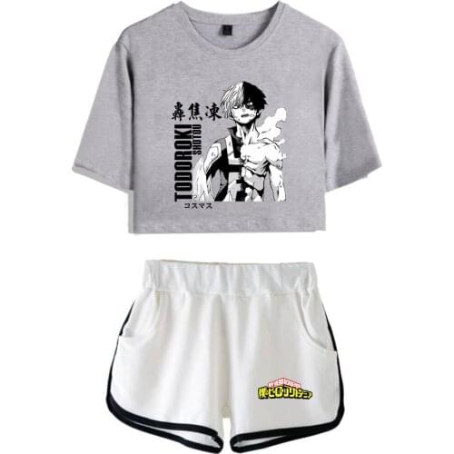 Anime Clothes Boku No Hero Academia Tshirt + Short Pants Two Piece Set Women Crop Top+Shorts Shoto Todoroki Womens Shorts Set