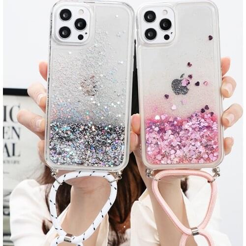 Bling Glitter Stars Sequin Crossbody Cord Chain Lanyard Case For iPhone 12 mini 11 Pro 7 8 6 6S Plus SE 2020 X Xs Max XR 5 Funda