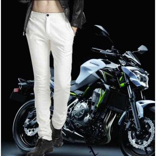 White faux leather pants mens feet pants thin motorcycle pu trousers for men personality fashion Windproof and waterproof black