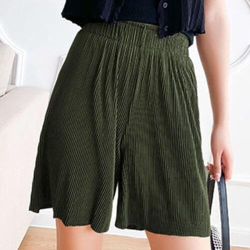 Sumemr Wide Legs Pants Women High Wasit Pleated Pants Women Knee Length Loose Casual Elastic Waist Trousers