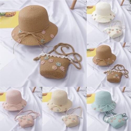 Baby Girl Sun Hat Children Straw Hat Summer Sunscreen Lovely Princess Girls Handmade Beach Hats +Bag Fisherman Cap Kids Beanies