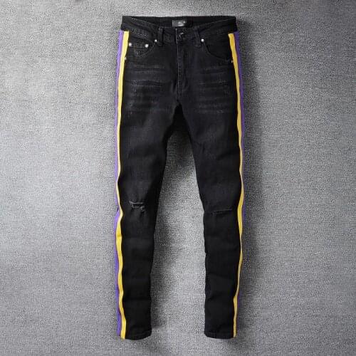 Black Slim Ripped Fashion Brand Jeans Pants Casual Hip Hip Dance Four Season Pants Streetwear Yellow Purple Striped Jeans Men