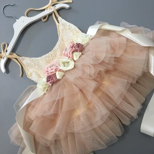 Elegant baby girl flowers lace sling dress children kids princess birthday dress flower sashes tutu dress toddler party gown