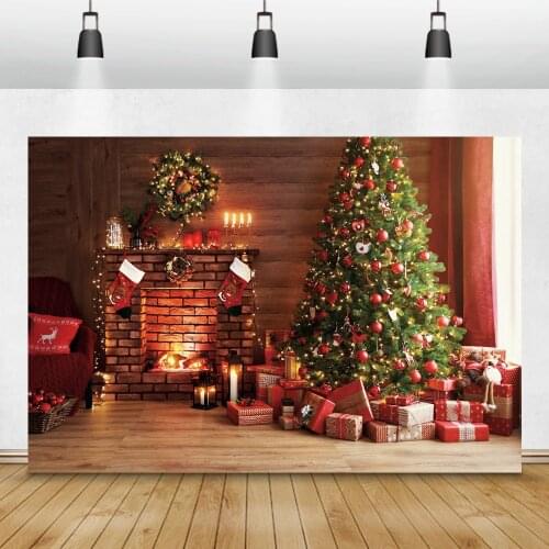 Laeacco Christmas Photography Backgrounds Tree Fireplace Gifts Wreath Light Photographic Backgrounds Family Portrait Photozone