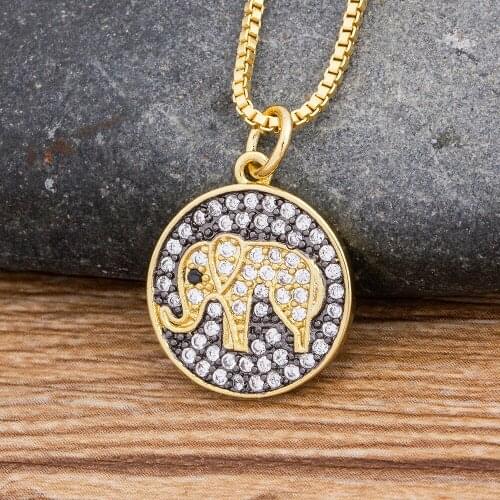 Geometric Round Elephant Animal Crystal Pendant Necklace Gold Color Chain Copper Cubic Zircon Choker Necklace For Women Jewelry