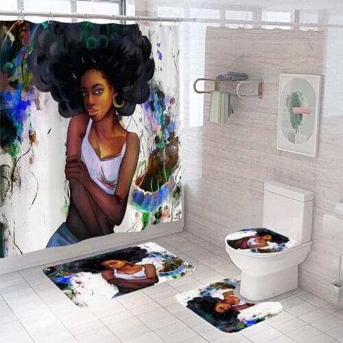 Africa Girl Bathroom Set Waterproof Shower Curtain Non-Slip Toilet Seat Covers Carpets Bath Mat Kit Rugs and Carpets Set
