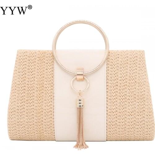 Summer Straw Women Evening Clutches Bag PU Leather Female Gold Tassel Weave Bag Ladies Envelope Purse For Party Handbags Yellow