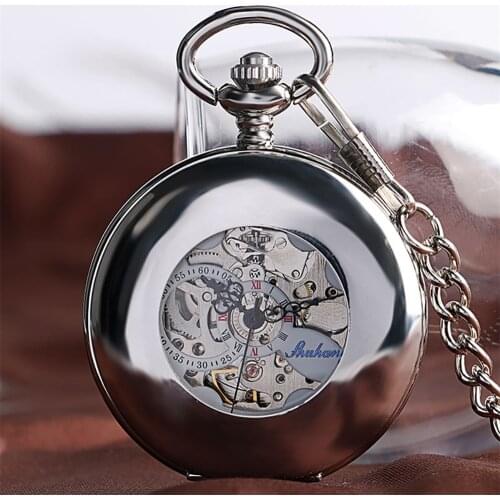 Polishing Smooth Silver/Black/Bronze Self Winding Mechanical Pocket Watch Hollow Circle Cover Retro Automatic Pendant Timepiece