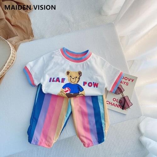 Fashion Kids Baby Girls Clothes Bear T-shirtTop+Rainbow pants 2pcs Outfits Set Princess Party Clothing Childrens suit 1-6year