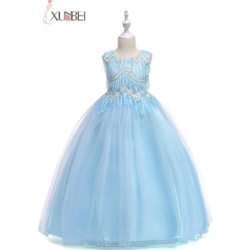 Flower Girl Dress Sequined Tulle Appliqued Pageant Dress For Children Wedding Party Evening Gown Kids Prom Cocktail Dresses New