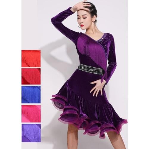 Standard Latin Dance Dress Female Rhinestone Tassel Long-Sleeved Velvet Dresses Lady Ballroom Performance Fish Bone Skirt DL4908
