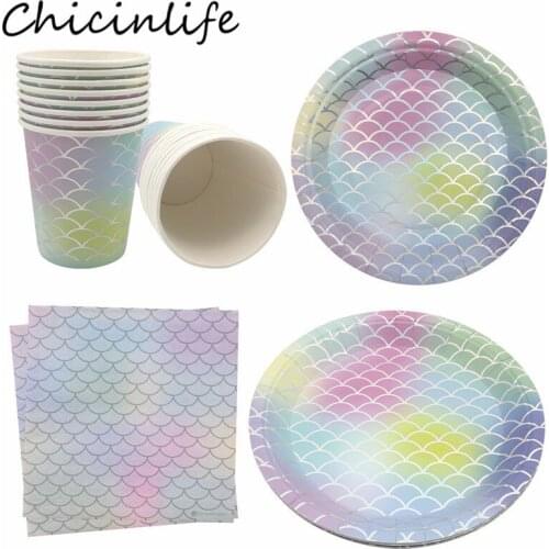 Chicinlife Mermaid Birthday Party Paper Plates Cups Napkins Disposable Tableware Baby Shower Wedding Girl Mermaid Party Supplies