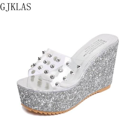 Wedges Sandals for Women Platforms Summer Slippers Transparent Shoes Sliver Gold High Heels Slipper Fashion Shoes Women Sandal