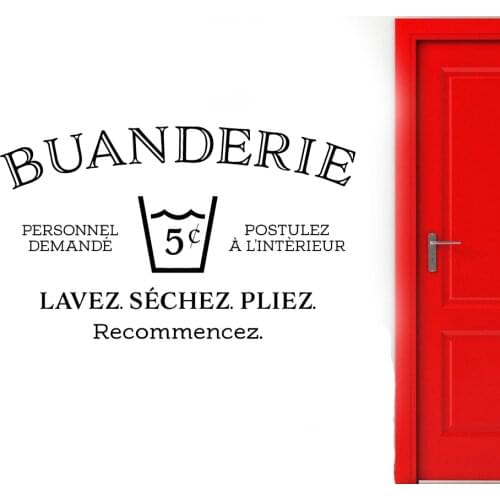 Laundry Room Wall Sticker Buanderie French Wall Decal Wash Dry Fold Repeat Sign Door Decoration Waterproof Removable Wallpaper