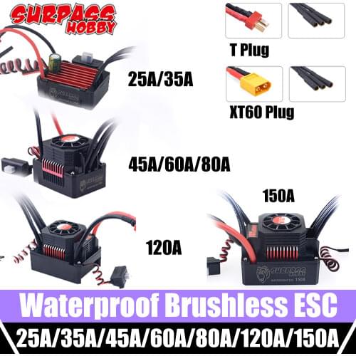 SURPASS HOBBY Brushless ESC 35A 45A 60A 80A 120A 150A Waterproof 2-6S Lipo with 5-6.1V BEC for 1/8 1/10 1/12 RC Car Rc Motor